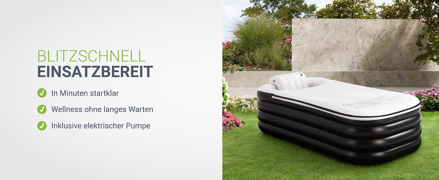 Надувна ванна Juskys L для відпочинку на відкритому повітрі: ванна для айсбергу, мобільна, з підголівником, з кришкою та насосом, чорна