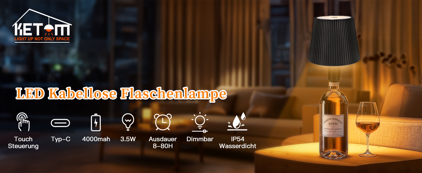 LED-лампа настільна бездротова диммируемая чорна з USB-C, сенсорна лампа з 3 колірними температурами, плавне регулювання яскравості, регульована висота, IP54 вологостійка для внутрішнього/зовнішнього використання (чорний)