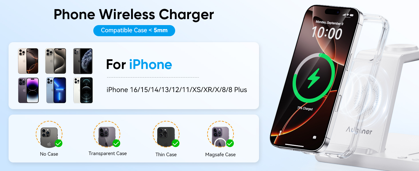 Бездротова зарядка Induktive для iPhone 17/16/15/14/13/12, 6-в-1 з нічною лампою та будильником, сумісна з Apple Watch та AirPods (Біла)