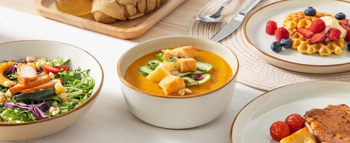 Набір посуду на 6 осіб Vancasso RENO 24 шт. з каменю, сучасний сервіз: тарілки для їжі, супу, десерту, миски. Підходить для миття в посудомийній машині та для використання в мікрохвильовій печі (Бежевий)