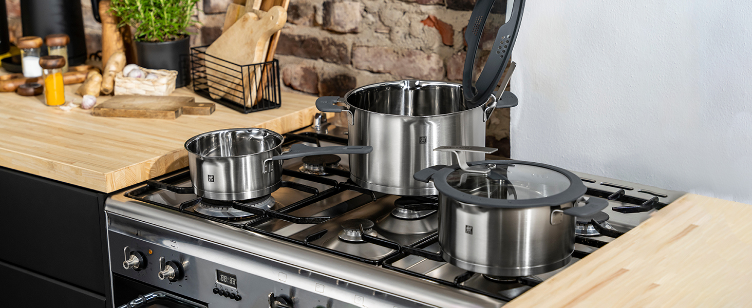Набір каструль ZWILLING Simplify 5 предметів з кришкою-ситом, скляною кришкою, індукційне дно, нержавіюча сталь, срібно-чорний
