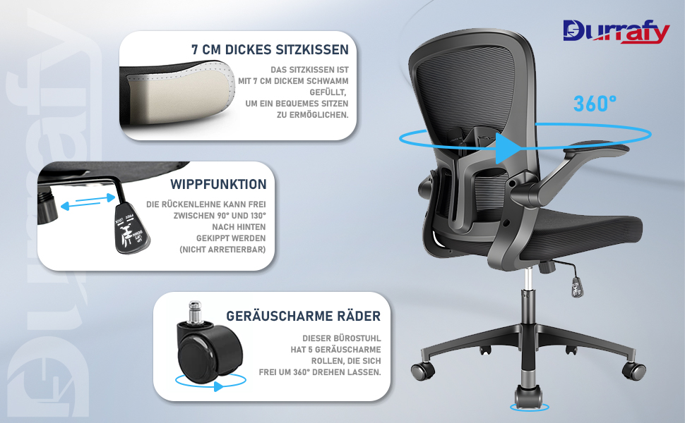 Ергономічне крісло для офісу та робочого столу з підйомними підлокітниками, регульованою підтримкою попереку, регульованою висотою поворотного сидіння та спинкою з сіткою, що нахиляється до 130°, чорне