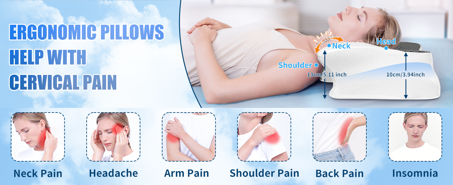 Подушка для шиї SAHEYER з Memory Foam, ортопедична, ергономічна, для тих, хто спить на боці, 60 x 35.5 x 10/13 см (Сіра)