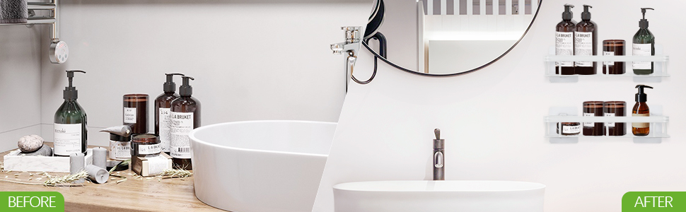 Дзеркальна поличка для душу без свердління, 2 шт. Біла, з нержавіючої сталі, з 4 гачками та 8 клейких поверхонь. Підходить для ванної кімнати та кухні.