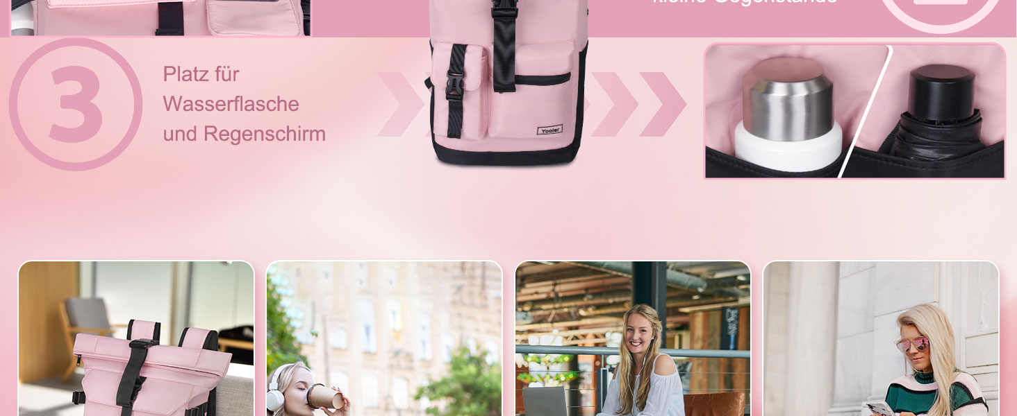 Roll-top Backpack Waterproof, 27L Large Backpack Men Women, School Backpack with 17.3 Inch Laptop Compartment, Travel Backpack Hiking Backpack for Business Work College Travel Leisure (Pink)
