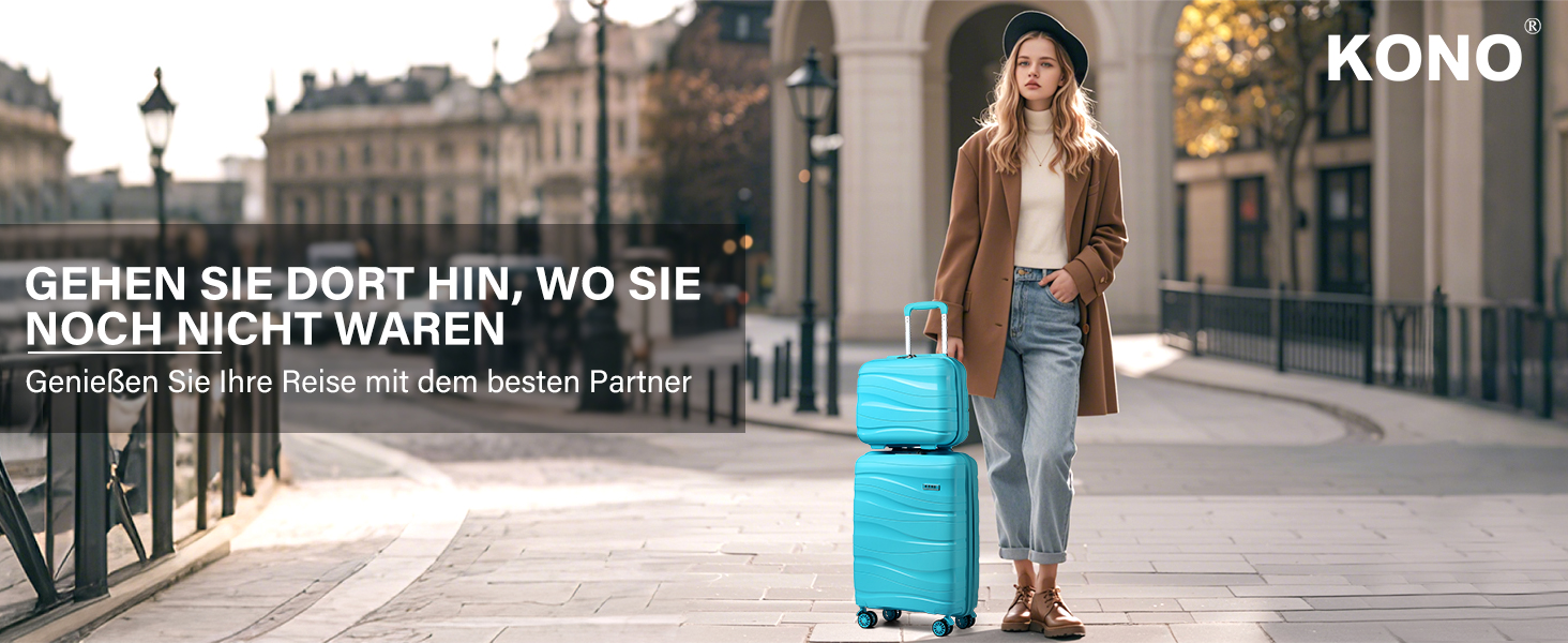 KONO Чемодан середнього розміру 65см з поліпропілену, з TSA замком, 65x46x26.5см (Крем-білий, світло-блакитний)