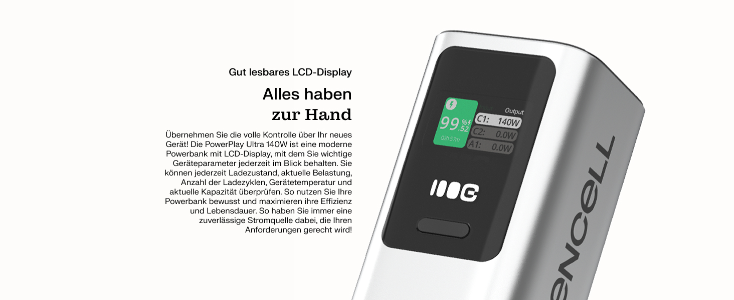 Powerbank Greencell PowerPlay Ultra 25200mAh 140W з USB-C PD, Швидка зарядка для ноутбука, MacBook, iPhone, LCD дисплей