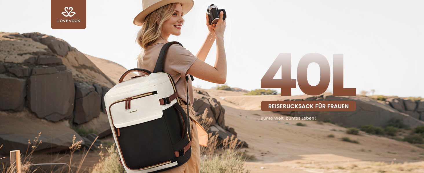 LOVEVOOK Рюкзак для ручної поклажі, жіночий, 50L, для подорожей, бізнесу, школи (40L, чорний+бежевий+коричневий)