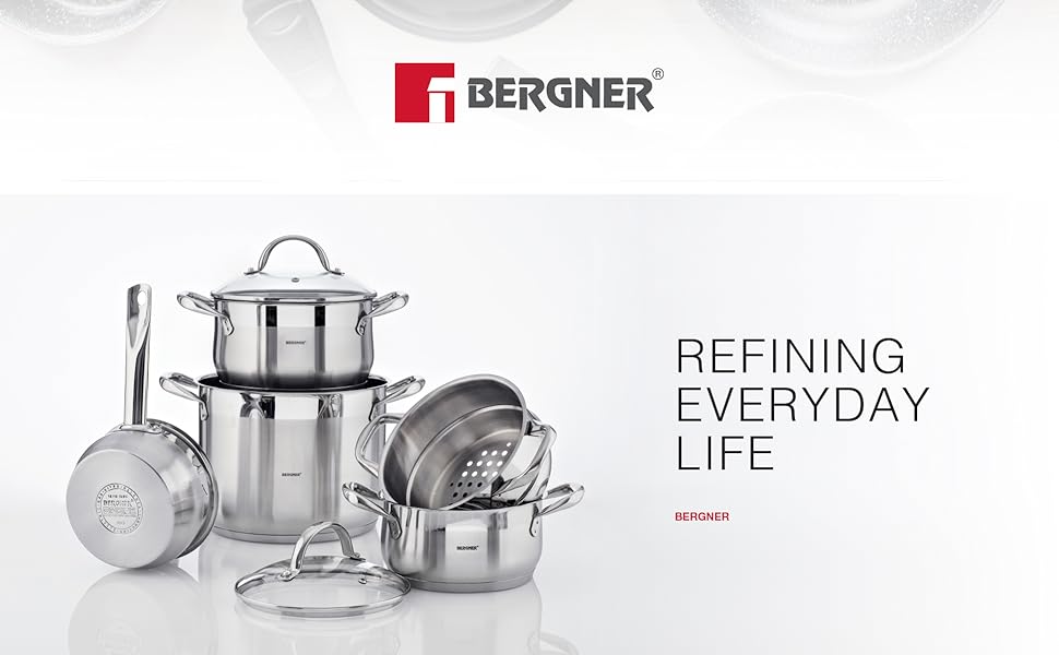 BERGNER Gourmet | Stockpot with Glass Lid | 8 L Capacity | Made of Stainless Steel | Ergonomic Handles | Kitchen Appliances | Suitable for All Cooktops 8 Liters