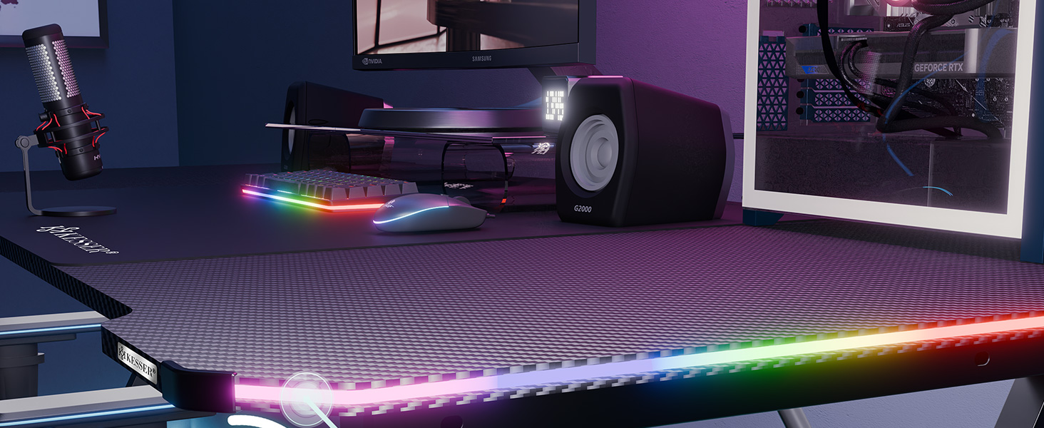 Ігровий стіл KESSER Gaming 180x80 см, Z-подібний ергономічний комп'ютерний стіл з карбоновим покриттям, підсвіткою LED, підставкою для напоїв та гачком для навушників, чорний