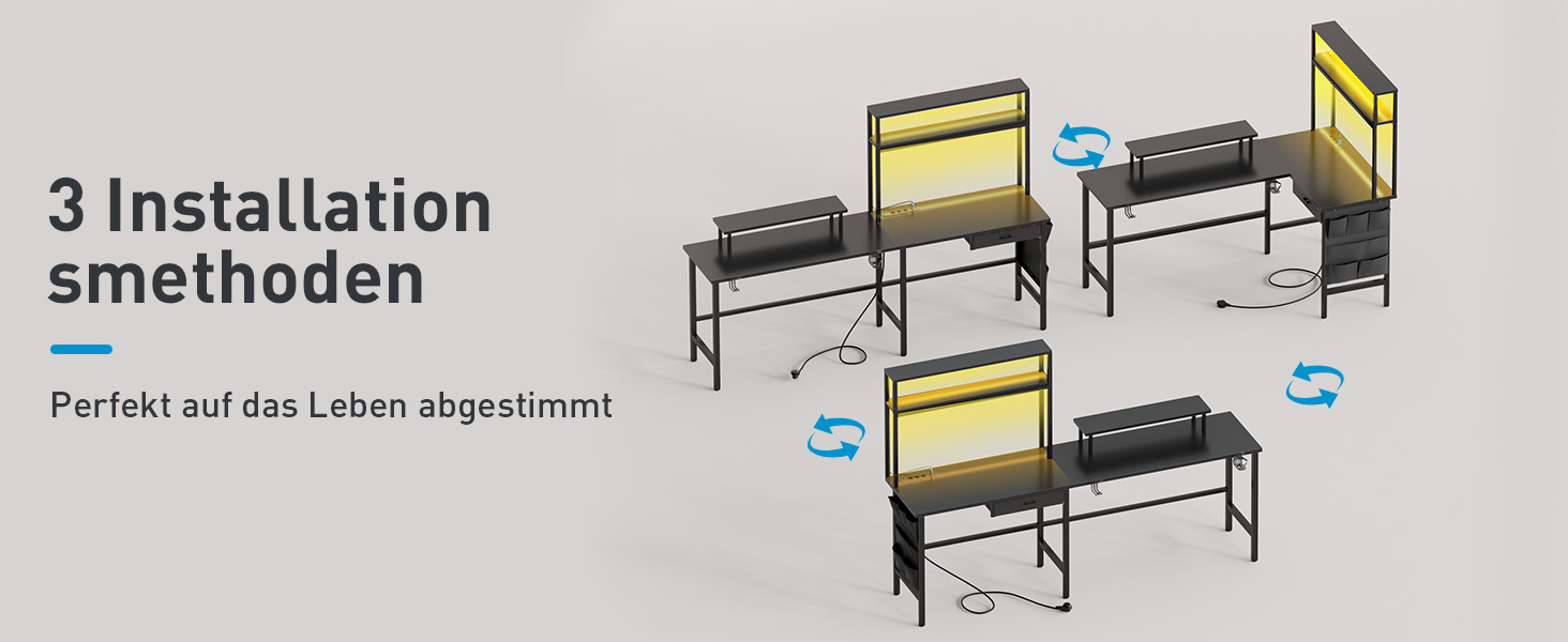 Ігровий стіл кутовий 150x100 см з 3 розетками та 2 USB, реверсивний, з LED підсвічуванням, з ящиками та підставкою для монітора, чорний