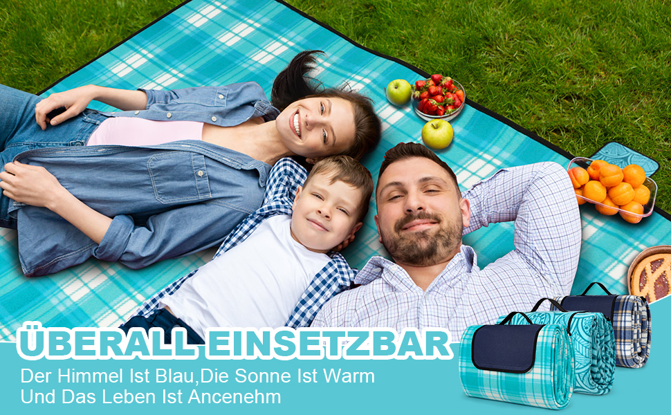 Килимок для пікніка SOMLAW водовідштовхувальний, великий, 200x200 см, для 4-6 осіб, з ручкою, ідеальний для кемпінгу та пляжу (Himmelblau Kariert)