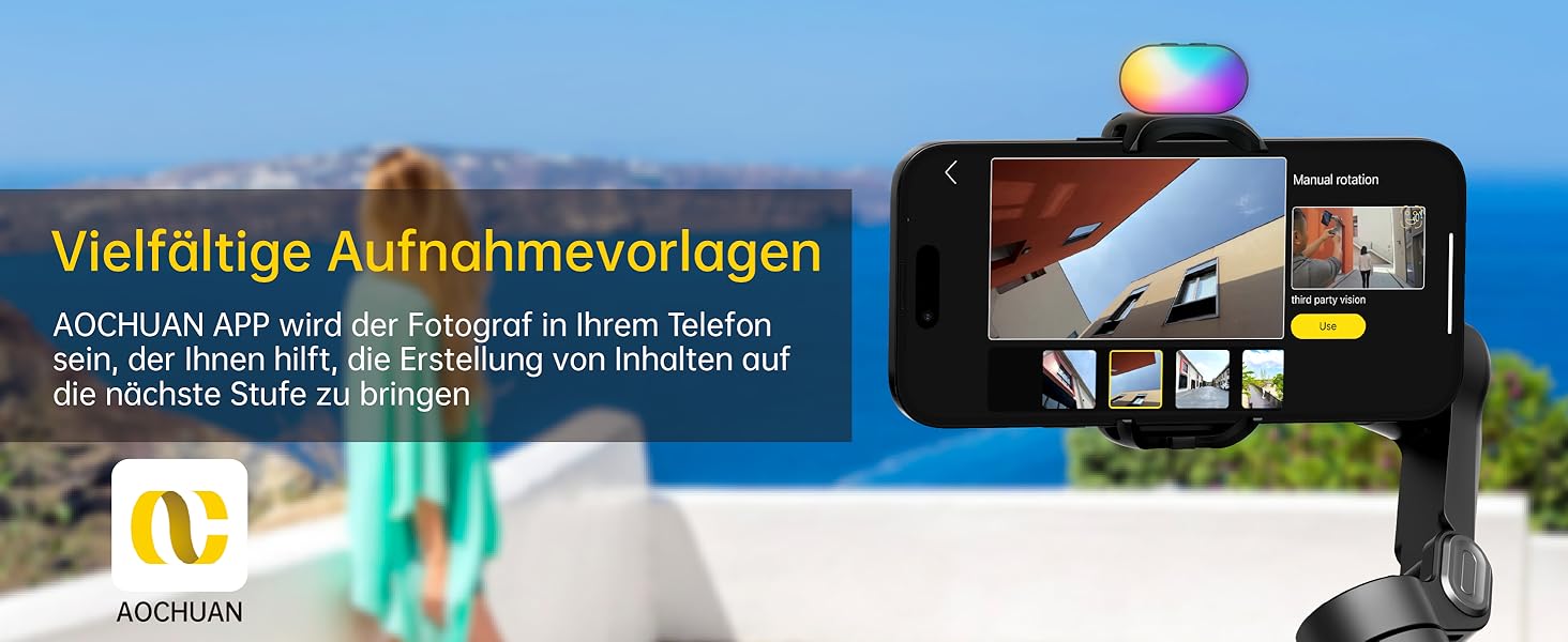 Гімбал AOCHUAN для смартфона з 3 осями стабілізації, RGB-підсвічуванням, трекінгом обличчя та регульованим кільцем фокусування. Підходить для iPhone/Android. Ідеальний для зйомки Vlog та створення контенту.