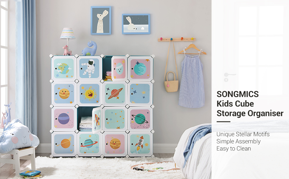 SONGMICS Регульована система з 15 ящиками, шафа для зберігання дитячих речей, стелаж, полиця для взуття з пластику, комод з дверцятами, багатофункціональна, для взуття, іграшок, 153 x 31 x 153 см, блакитний LPC902Q01