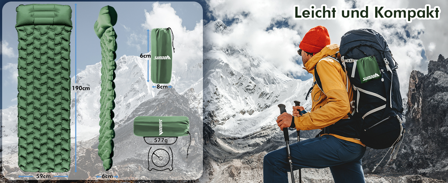 Isomatte Camping Ultralight Inflatable Sleeping Pad with Pillow - Waterproof Folding Air Mattress for Camping, Hiking, Travel & Backpacking (Green)