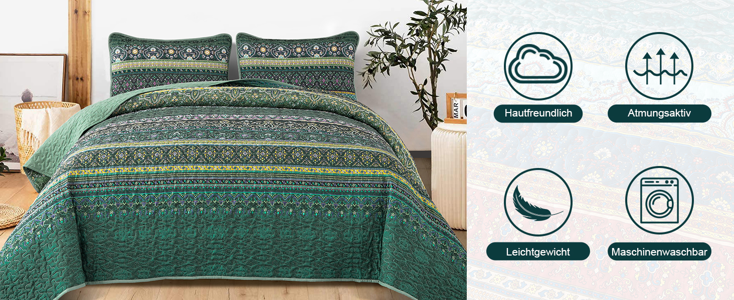 Покривало WONGS BEDDING 220x240 см, стьобане, комплект 3 шт. для двоспального ліжка, мікрофібра, у стилі бохо, темно-зелене, з 2 наволочками 50x70 см, для спальні чи дивану