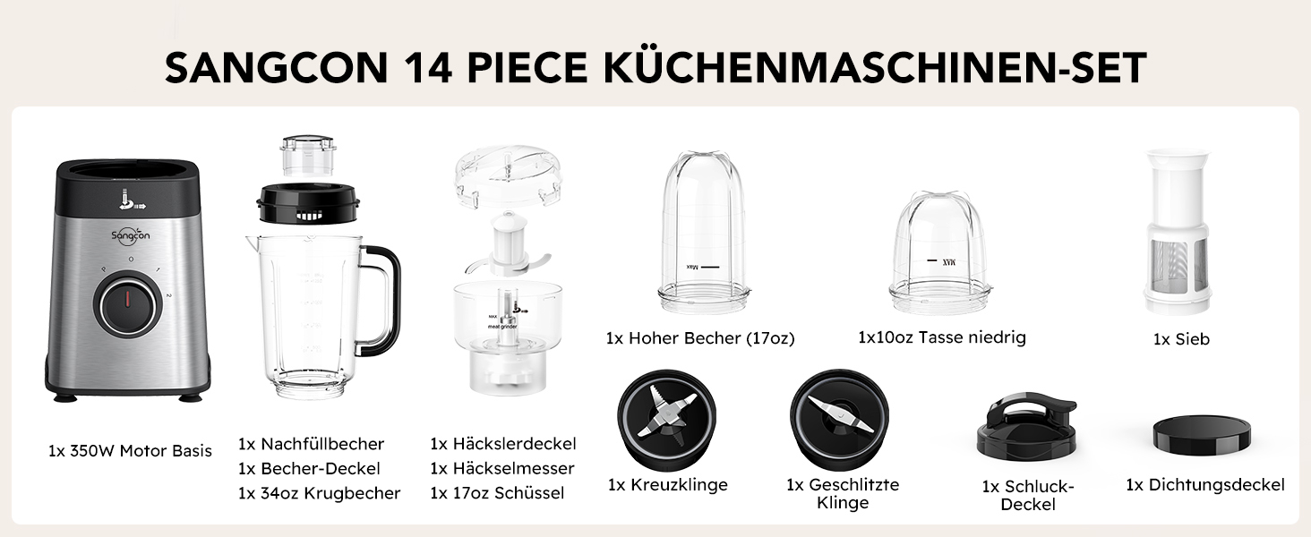 Sangcon 5-in-1 Stand Mixer & Smoothie Maker - 500W Power, 3 Speed Settings, Pulse Function, Glass & Stainless Steel Cups