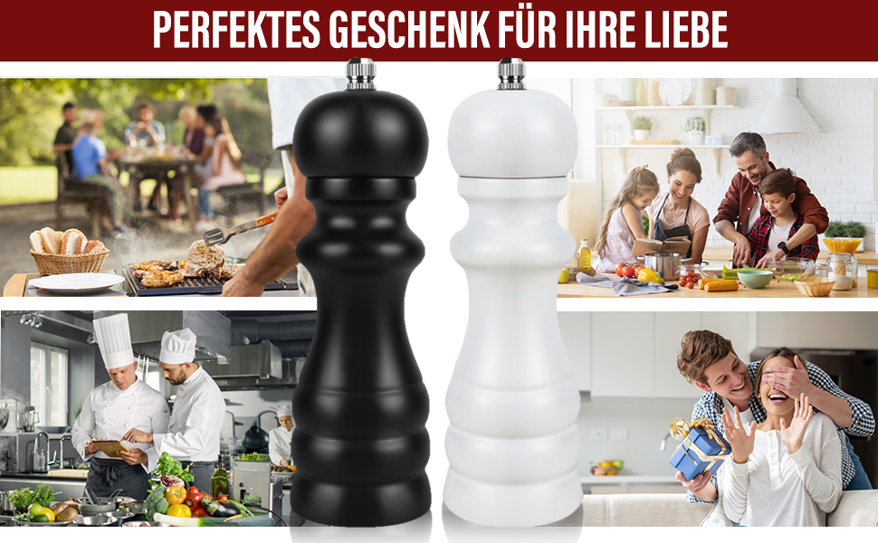 Набір для солі та перцю: ручні млини для перцю та солі, чорного кольору, великі. Дерев'яні млини для спецій з регульованою керамічною помелювальною камерою (від дрібної до грубої). 6,5 дюйми для морської солі, чилі, грубої солі (чорний та білий), 2 шт.