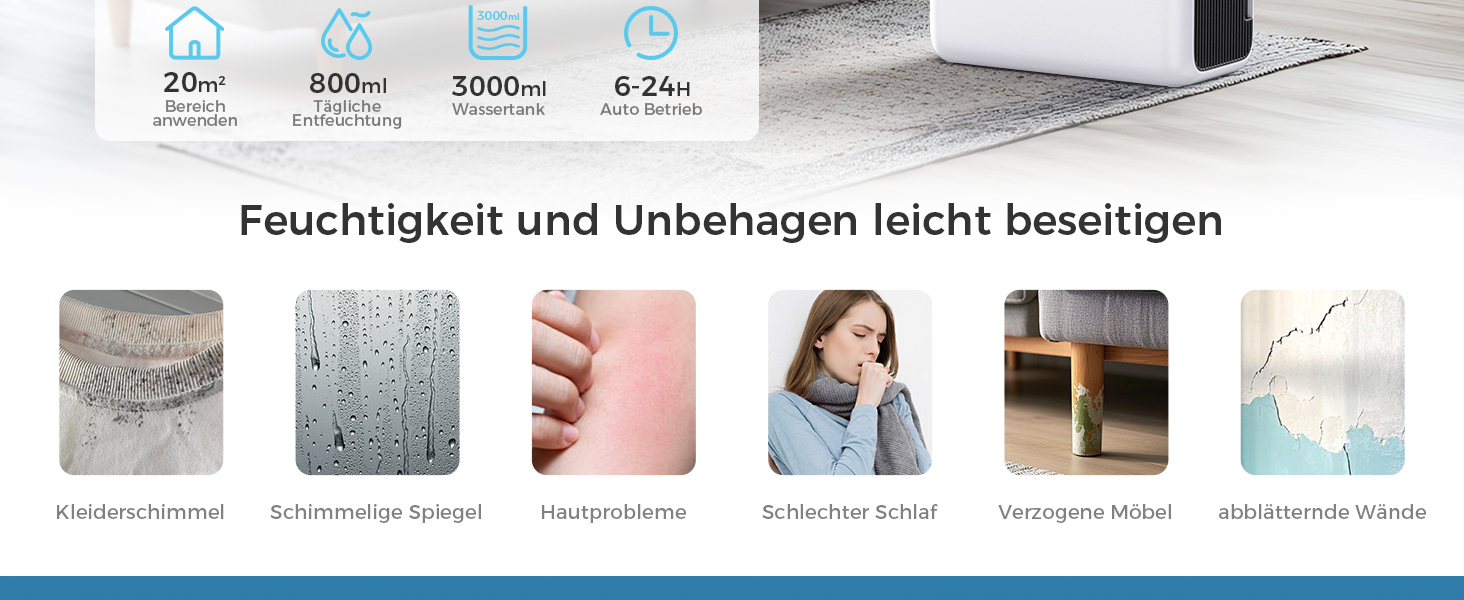 Електричний осушувач повітря 3L для дому, 20㎡, Dual Peltier, 30dB, таймер 24h