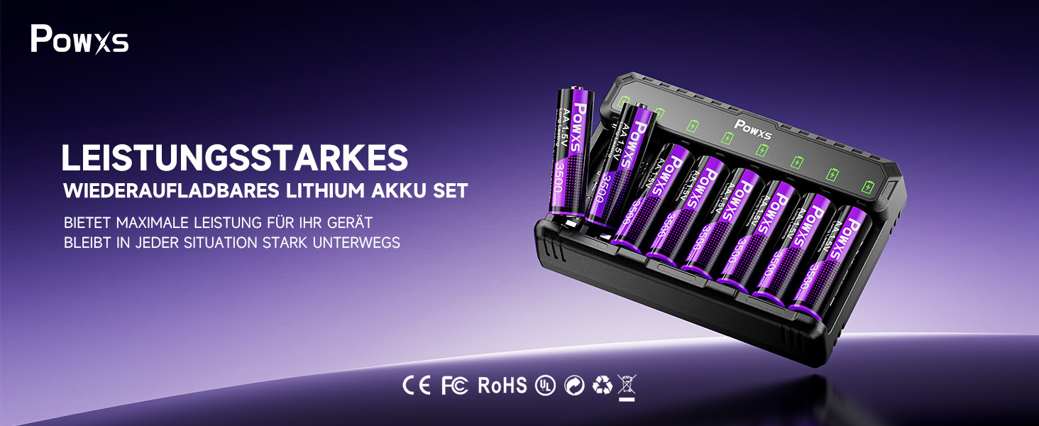 POWXS 8 x AA 3500mAh літієві акумулятори з 8-портовим швидким зарядним пристроєм з LCD-дисплеєм | Швидка зарядка та стабільна напруга 1.5V | Для геймпадів, LED-ліхтарів, пульт дистанційного керування