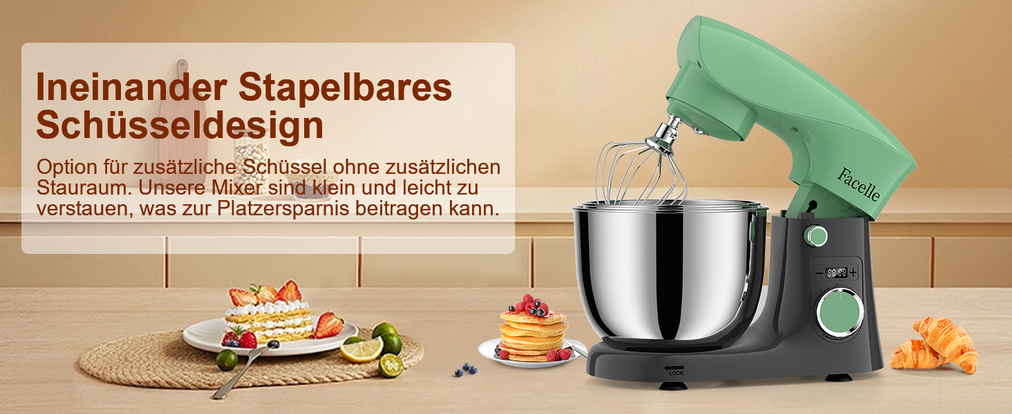 Кухонна машина/міксер Facelle 1500W з 5.5L та 4.5L чашами, 10+ програм, тиха робота, з набором насадок (зелено-сірий)
