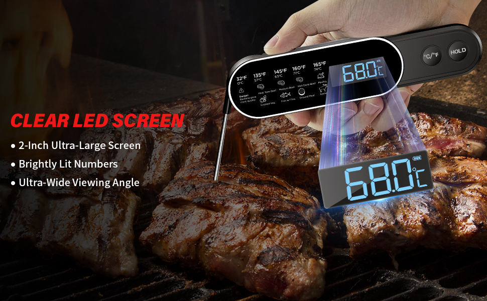 Бездротовий термометр для м'яса з миттєвим зчитуванням, ±0.3°C, IP67, для приготування на грилі, барбекю, кухні. Термометр для м'яса з LCD екраном