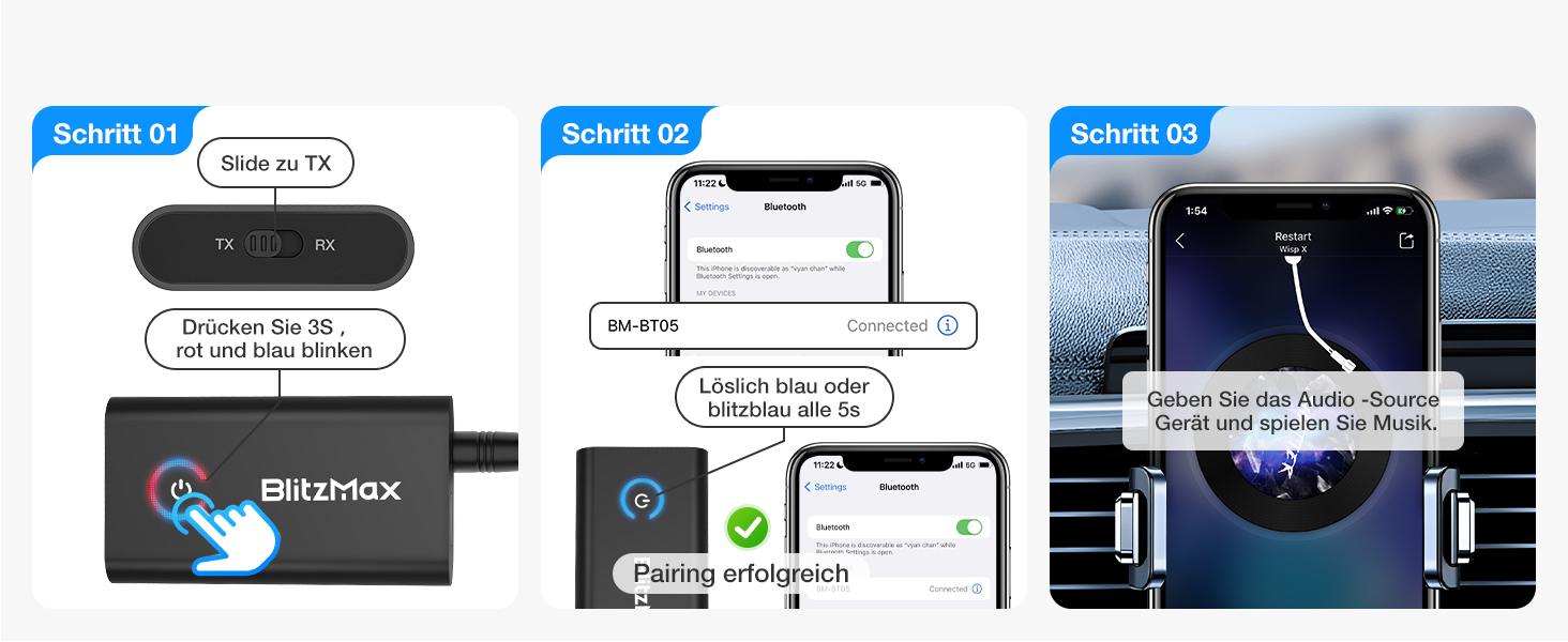 BlitzMax Bluetooth 5.2 Передавач/Приймач Bluetooth, 2-в-1 Аудіо Адаптер, Mini 3.5mm, Портативний, Dual Link для ПК, TV, Авто, Авіації та Динаміків