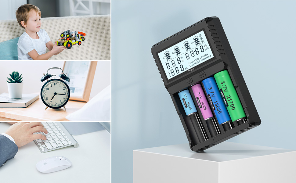 Зарядний пристрій POWXS для акумуляторів 18650 з тестуванням, LCD-дисплеєм, 4 слоти, Li-Ion, IMR, NI-MH, NI-Cd, AA, AAA, C, 26650, 21700, 16340, 14500, 10440, RCR123