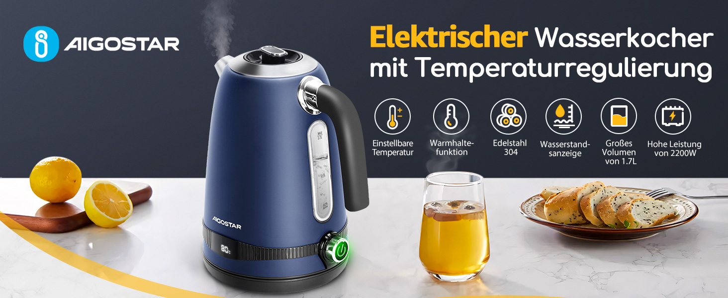 Електричний чайник Aigostar з регулюванням температури, 1,7 л, ретро-дизайн, матове покриття, цифровий дисплей, функція підтримки тепла, без пластику всередині, BPA-free (темно-синій)