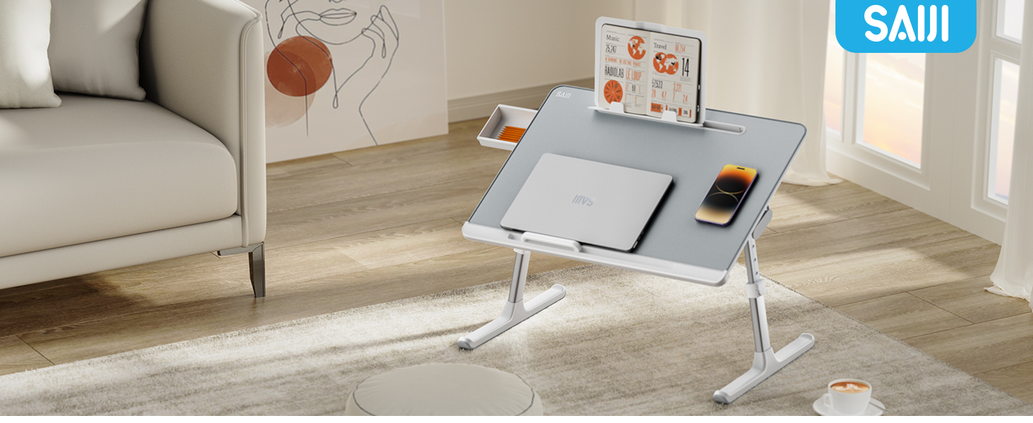 Столик для ноутбука SAIJI 60x45 см, регульована висота, з підставкою для книг, ящиком та кріпленням для планшета. Ідеально для роботи, читання та сніданку.