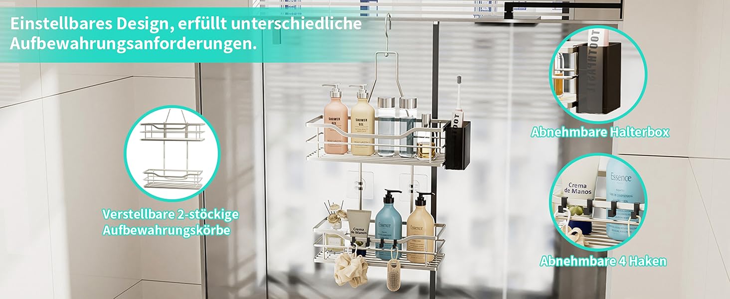 Настінна поличка для душу HapiRm з 4 гачками - регульована, для шампуню та мила, нержавіюча сталь (Sand Nickel)