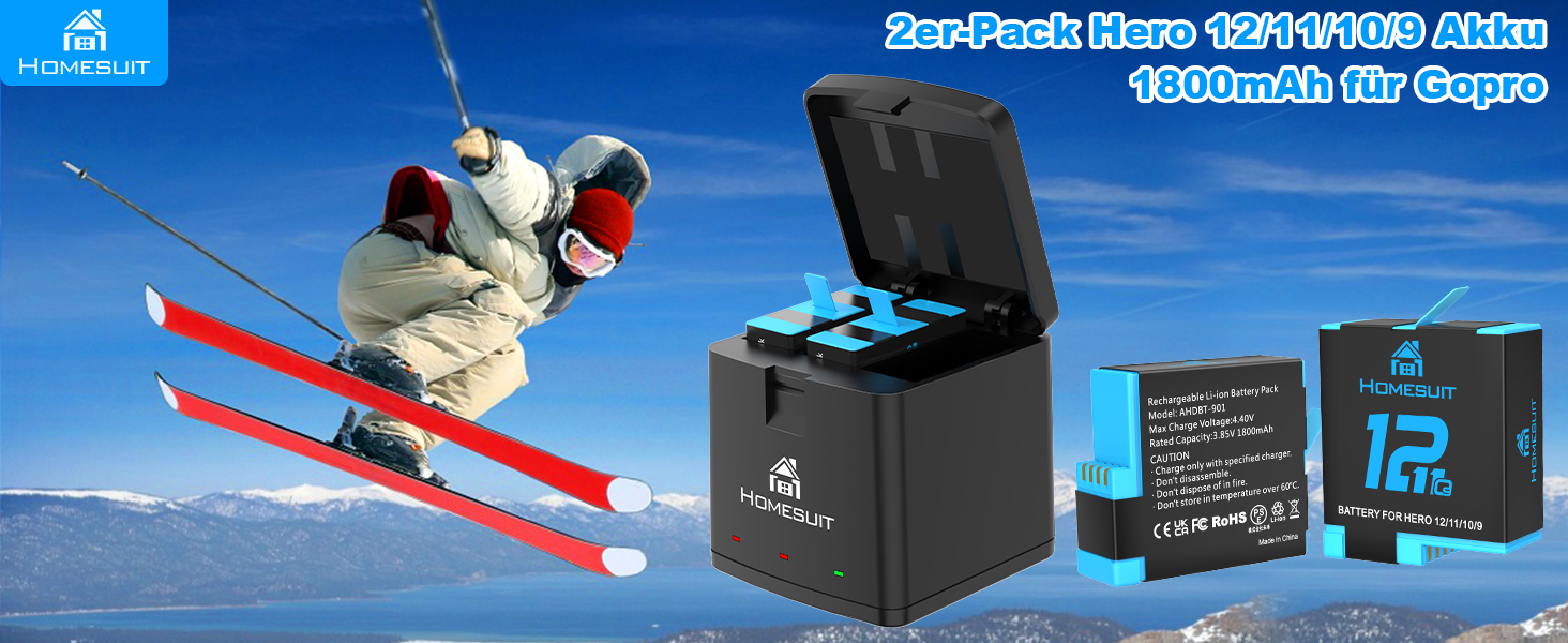 Набір акумуляторів Homesuit Hero 12/11/10/9 + LED зарядний пристрій USB-C (2 шт. акумулятори) для GoPro Hero 12/11/10/9 Black