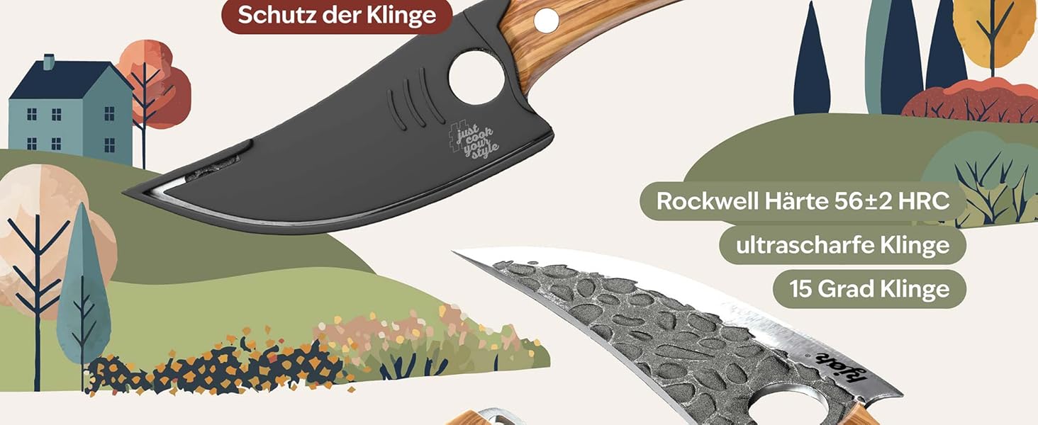 Kjøk Преміум ніж кухонний універсальний з ручкою з оливкового дерева, 148 мм, сталь 56±2 HRC, для м'яса, овочів, BBQ, кемпінгу та відпочинку на природі