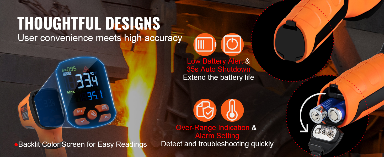 Інфрачервоний термометр VEVOR IR 50:1 Пірометр -40°C - 1500°C з лазером, 180x120x60mm, для вимірювання температури (не для тіла), для приготування їжі/барбекю/морозильник/промисловість