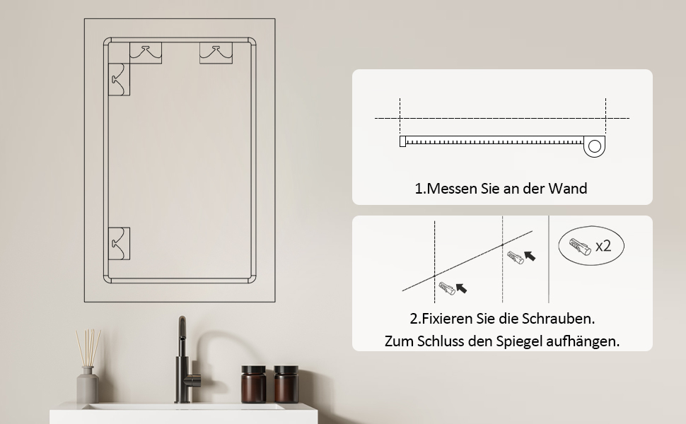 Дзеркало настінне прямокутне з заокругленими кутами, 40x60 см, чорне, нержавіюча сталь. Підходить для ванної кімнати та вітальні.
