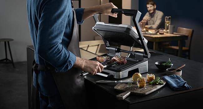 WMF Profi Plus Perfection Contact Grill - Electric Grill with 6 Programs, Sensor Technology, Non-Stick Coated Plates, Panini Grill, Matte Stainless Steel