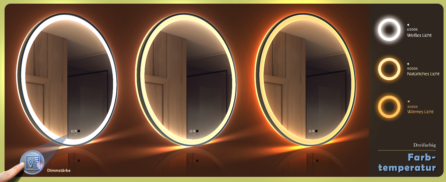 LED дзеркало з сенсором, круглий, індукційне, для макіяжу, з підсвічуванням, регульоване, антизапарник, водонепроникне IP44, для ванної кімнати, настінне, діаметр 70 см