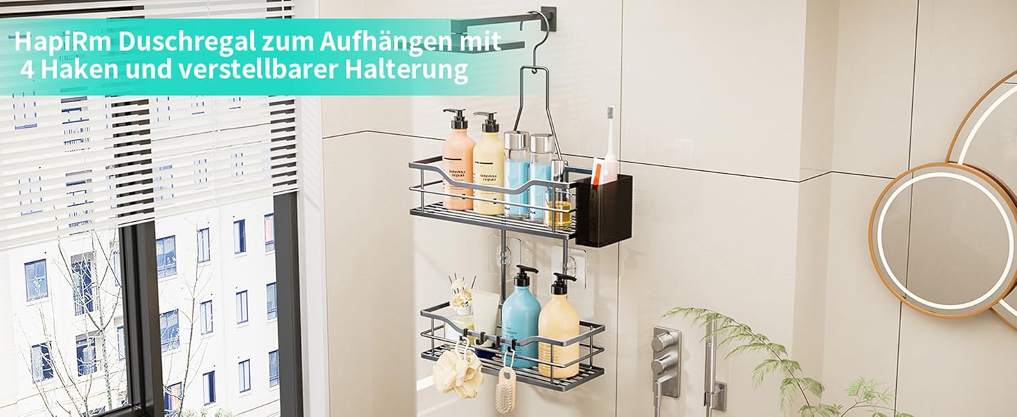 Настінна поличка для душу HapiRm з 4 гачками - поворотна 360°, органайзер для шампуню та мийних засобів, сріблястий