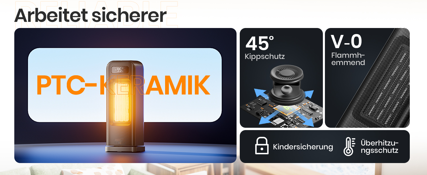 Електричний обігрівач 1500W, керамічний, тихий, з таймером 12 годин, осциляція 70°, захист від перегріву та перекидання, сумісний з Alexa & Google Assistant, чорний, 1 шт. + 4 режими