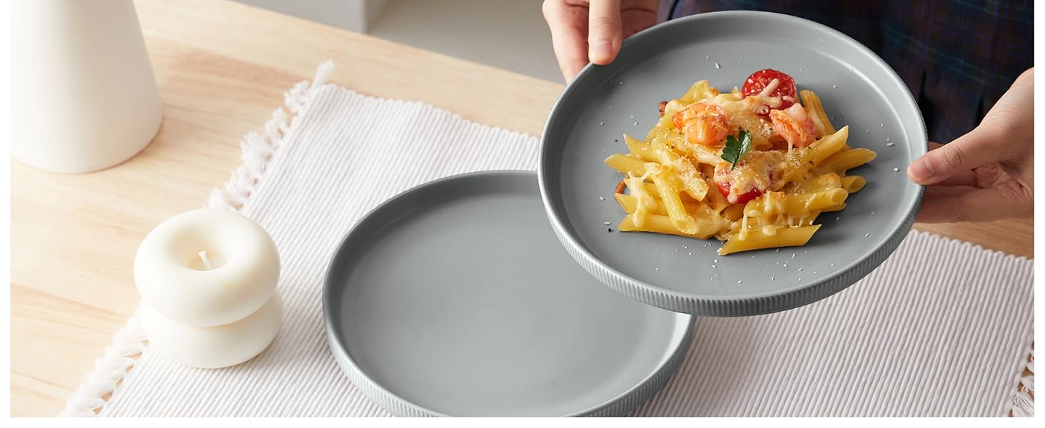 Набір посуду Jiwoo для 4 осіб (12 предметів): тарілки, десертні тарілки, супові миски. Bone China, матовий сірий колір, для мікрохвильовки та посудомийної машини