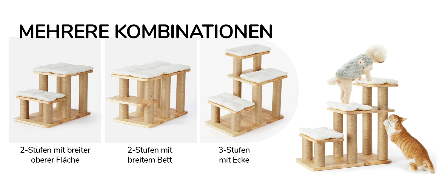 Сходинки для собак FUKUMARU, 3 сходинки, для домашніх тварин, з натурального гумового дерева та джуту, регульована висота 18-51 см, витримує до 90 кг, знімний м'який килимок, 6 варіантів комбінації, білий килимок