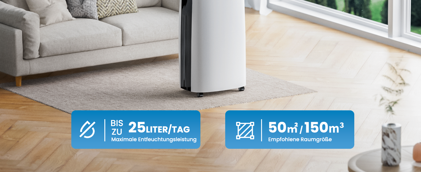 Електричний осушувач повітря 25л/день, 50㎡, з керуванням через додаток та сенсорною панеллю, для підвалу, бак 3.7л, злив по шлангу, 47dB, таймер 24г, захист від дітей, 3 роки гарантії