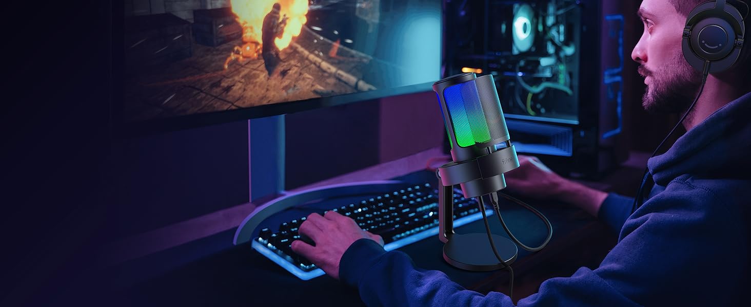 FIFINE USB мікрофон для ПК, геймінгу, стрімінгу та запису, з RGB підсвічуванням, PS4/PS5, MAC, з поп-фільтром, чорний