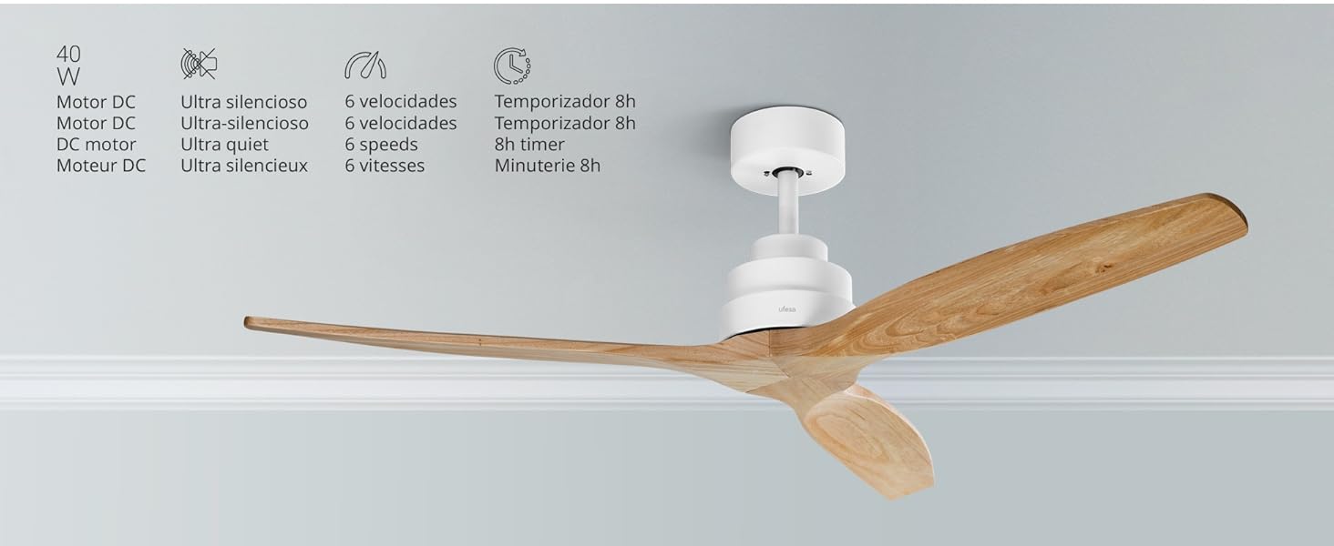 Стеляний вентилятор Ufesa 132 см, 40 Вт, 6 швидкостей, тихий, з 3 дерев'яними лопастями, функція літо-зима, таймер 8 годин, пульт, білий та світле дерево (без світла)