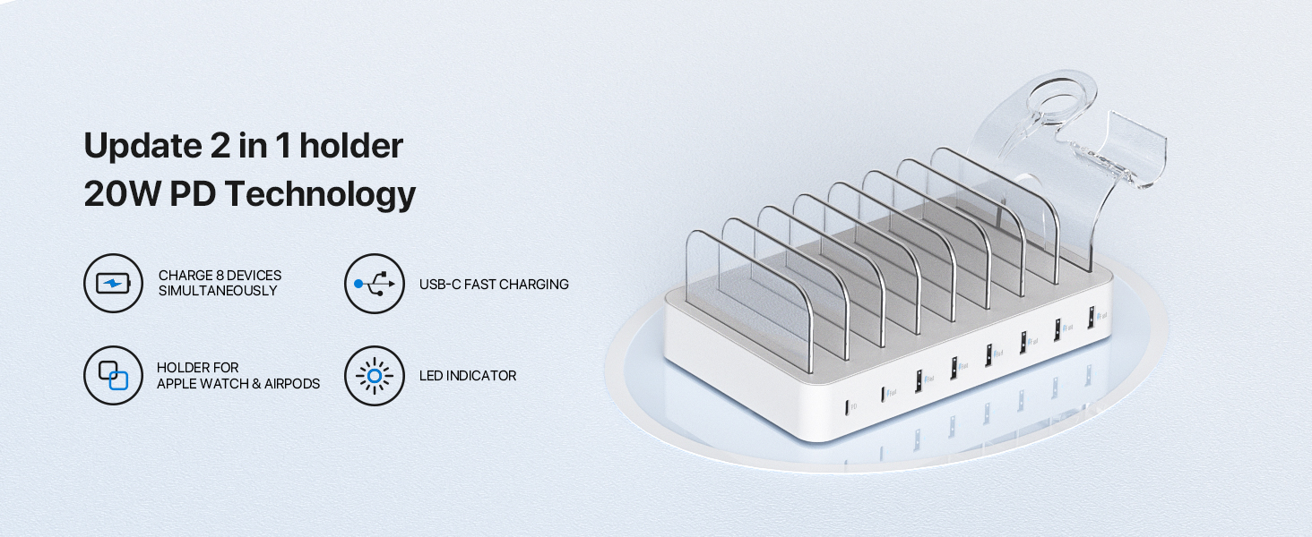 SooPii Зарядна станція USB-C 8 портів з PD 20W, кабель USB 8 шт., тримач для Apple Watch та AirPods - Біла