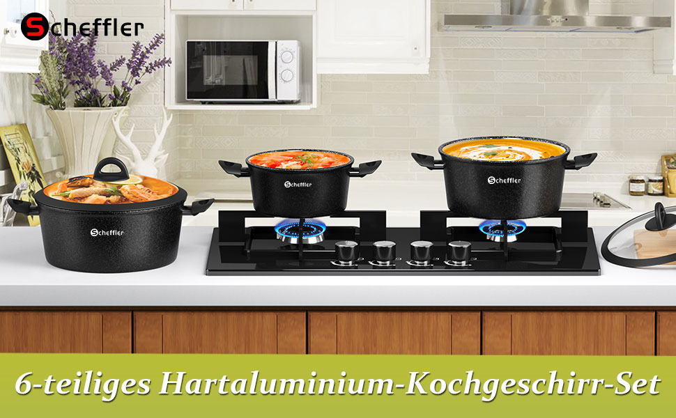 Набір каструль Scheffler 15 предметів з антипригарним покриттям для індукційних плит, чорний (HL-21PS102)