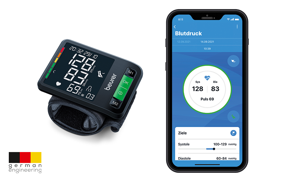 Тонометр на зап'ястя Beurer BC 54 з технологією Inflation, індикатор ризику, виявлення аритмії, об'єм зап'ястя 13,5-21,5 см, з додатком, передача даних до Apple Health та ін. 2 x 60 місця для пам'яті (2 x 120 місця, Single)