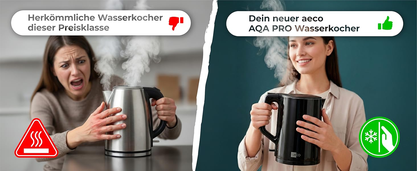 Електричний чайник Aeco AQA NEO з нержавіючої сталі, 1.7 л, 2150 Вт, без BPA, фільтр від накипу, бездротовий, CoolTouch, шампань сріблястий