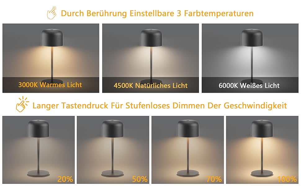 Акумуляторний LED світильник Klighten настільний диммований, чорний, алюміній, IP54, 21 см. З USB-C, 3 кольори світла (3000K-6000K)