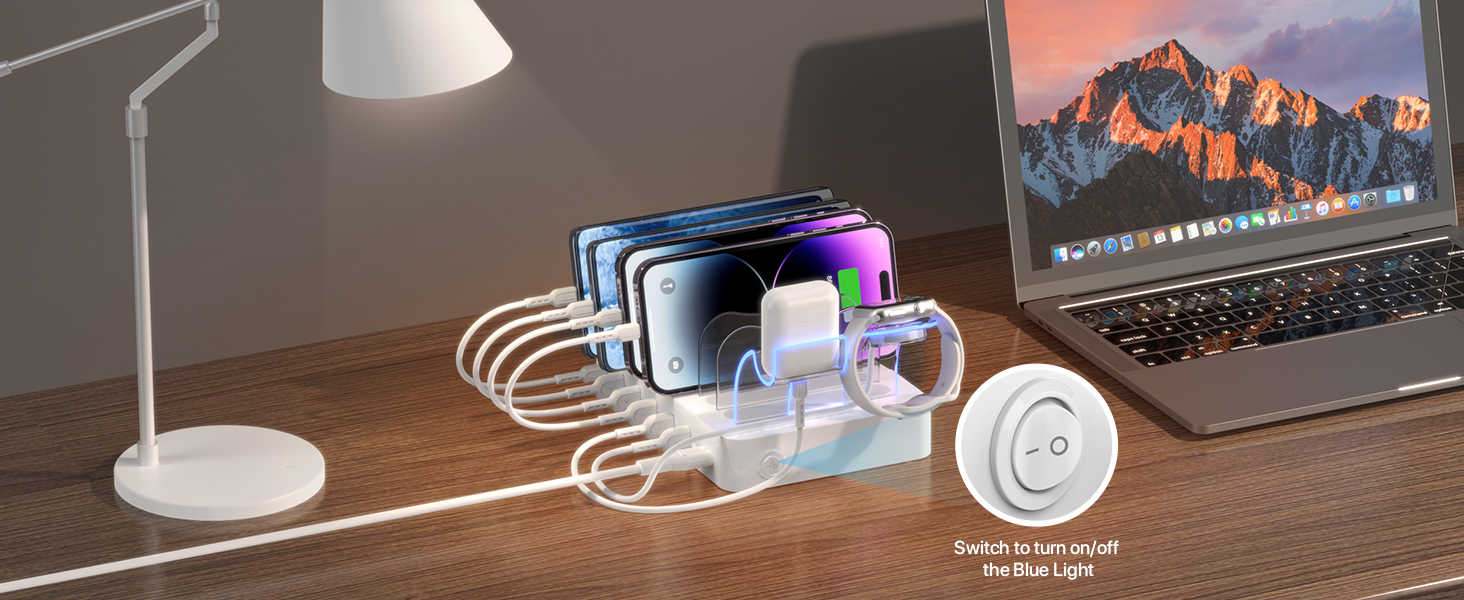 Зарядна станція SooPii USB 60W/12A, 6 портів з PD 20W для iPhone/Samsung, тримач для Apple Watch, 6 кабелів у комплекті - біла